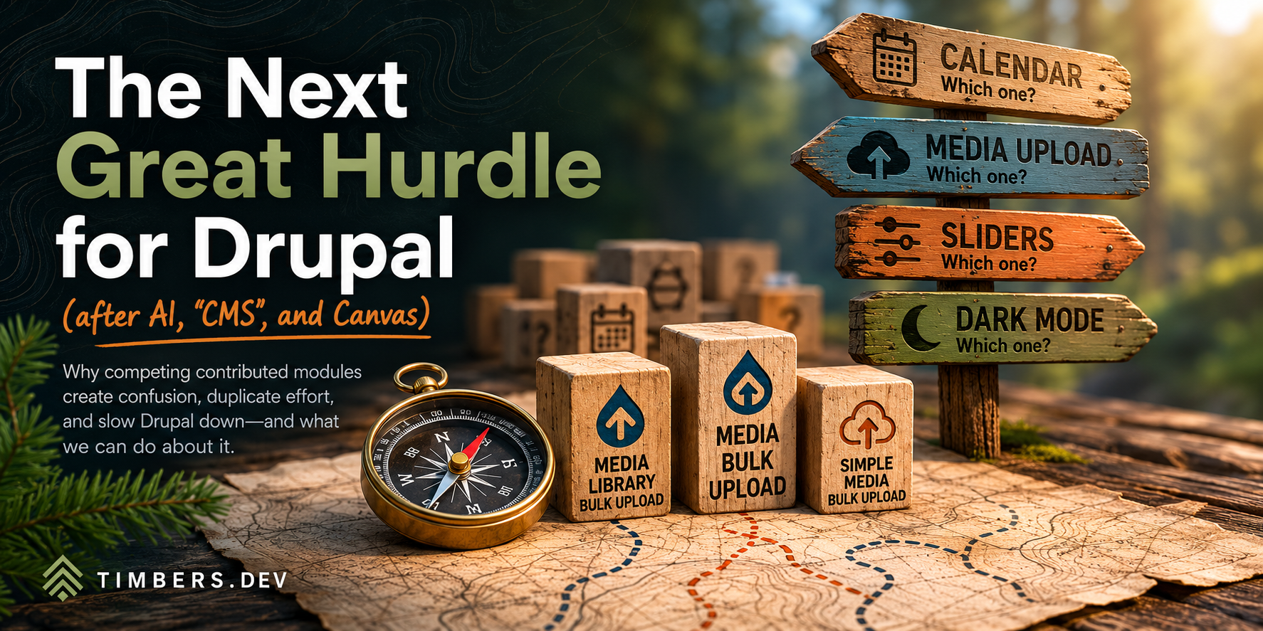 Forest-themed illustration showing competing Drupal contributed modules and the need for better module discovery and organization.