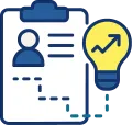 Clipboard graphic with a profile icon and a lightbulb.