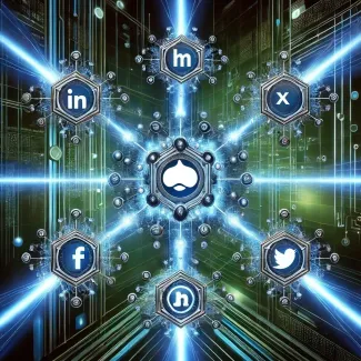 Drupal logo with glowing social media icons in futuristic digital network.